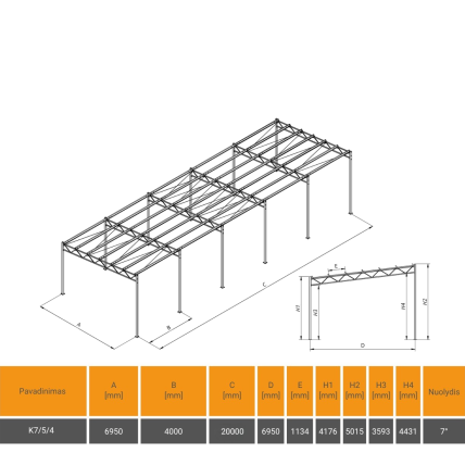 Vienšlaitė metalo konstrukcija 7x20 aukštis 5/4 Vienšlaitė metalo konstrukcija 7x20 aukštis 5/4